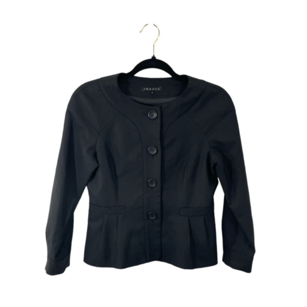 Theory Ayana Black Stretch Wool Button Front Pleated Blazer Jacket Size‎ 2